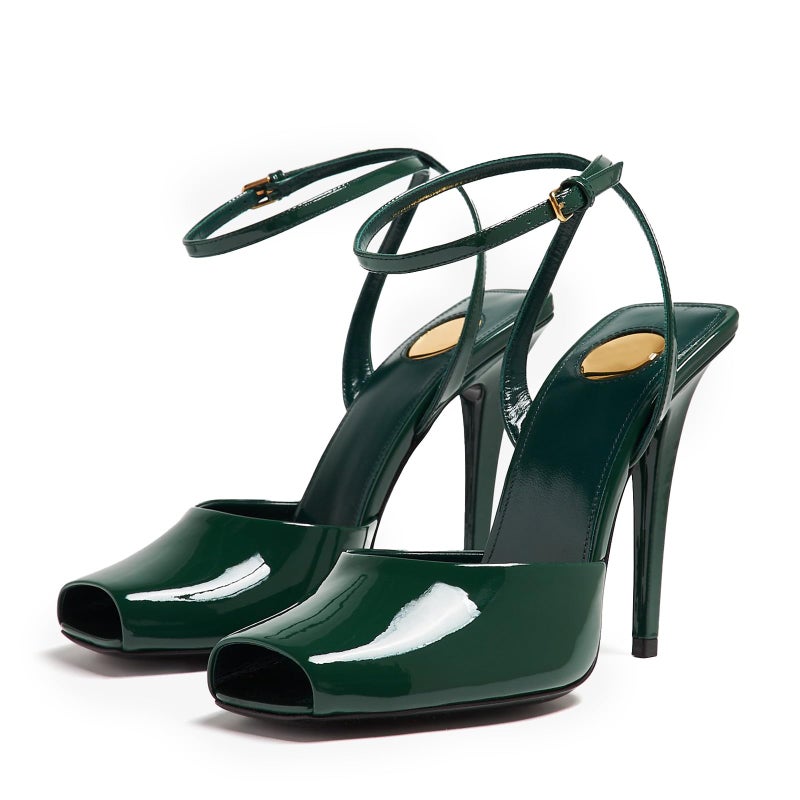 CAGLGLZ Square Open Toe Heeled Sandals for Women Patent Leather Stiletto High Heels Peep Toe Ankle Strap Backless Pumps Fashion Casual Dressy Party Shoes(Green,8.5) - Image 2