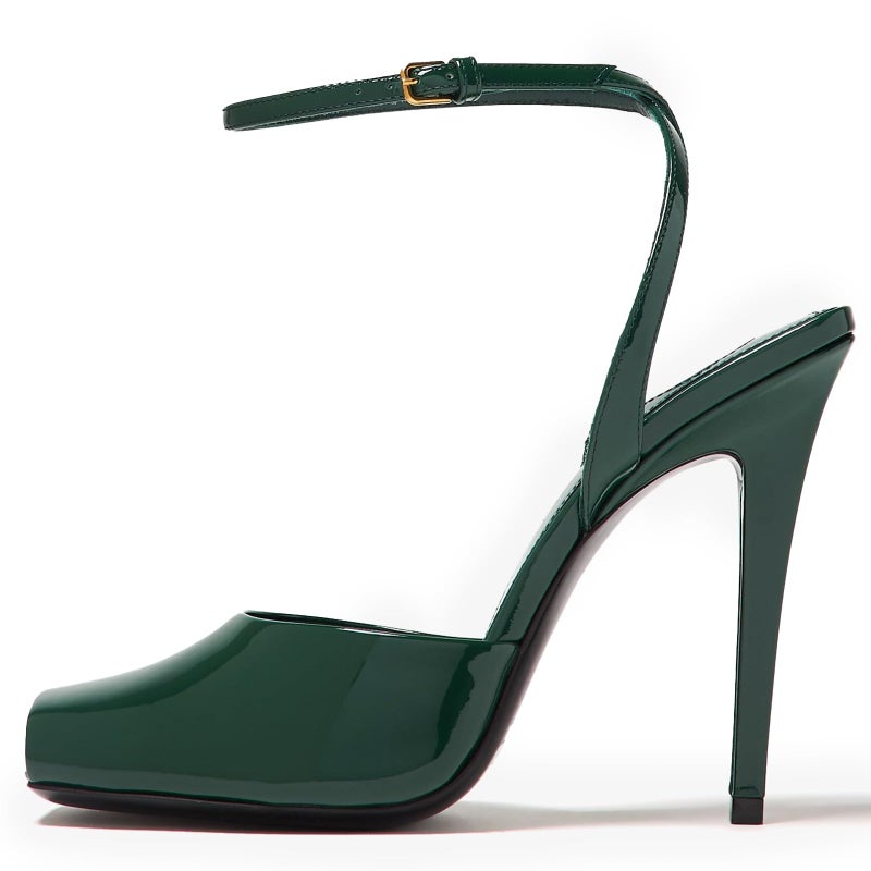 CAGLGLZ Square Open Toe Heeled Sandals for Women Patent Leather Stiletto High Heels Peep Toe Ankle Strap Backless Pumps Fashion Casual Dressy Party Shoes(Green,8.5) - Image 4