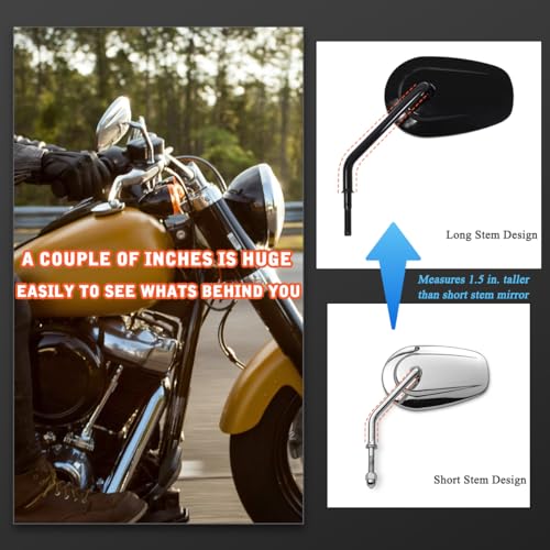 FOVPLUE Handlebar Mount Mirrors,Left & Right Side Long Stem Rearview mirrors for 1982-2024 Harley Models,for CVO Dyna Electra Glide Road Glide Road King Softail Street Glide Sportster 1200 883,Black - Image 3