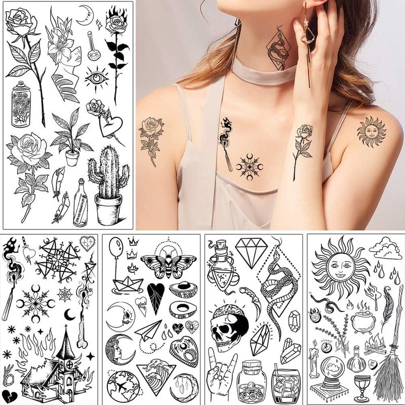GLARYYEARS 150+ Pattern Black Tiny Temporary Tattoo, Hands Face Halloween Tattoo Sticker for Men Women, Flower Space Moon Snake Designs Body Art on Arm Neck Shoulder Clavicle Waterproof - Image 3