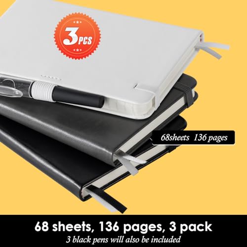 NIRMIRO Small Notebook Pocket Size Journal 3.7" x 5.7", 3 Pack, (White, Grey, Black), 408 Pages, A6 Mini Notepad with Pen, Small Leather Note Book, 100GSM Lined paper, Hardcover - Image 4