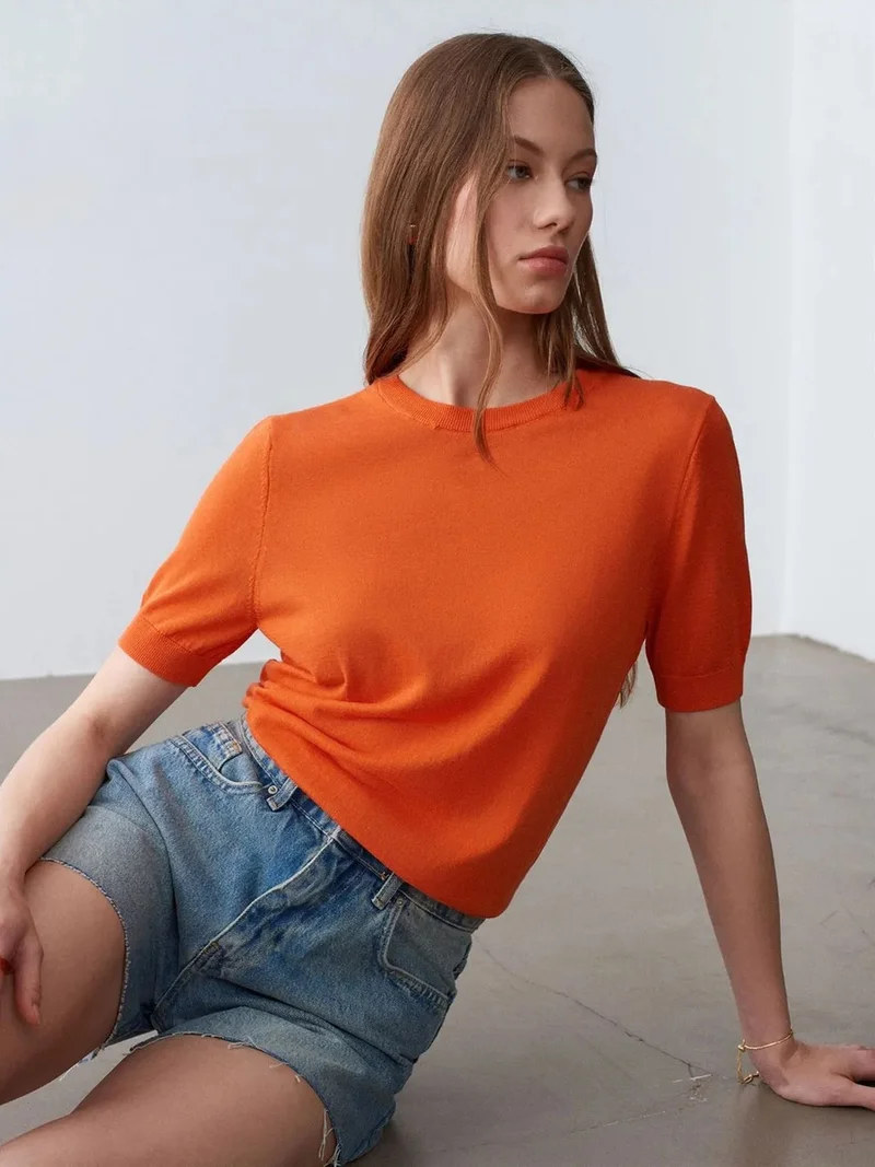 ديلفين DILVIN Ribbed Crew Neck Short-sleeve Blouse