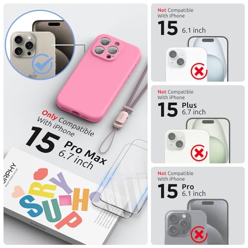 SURPHY Designed for iPhone 15 Pro Max Case with Screen Protector and Lanyard Phone Strap and Liquid Silicone Phone Case Camera Protective Soft Microfiber Lining 67 inch 2023 Pink - Image 3