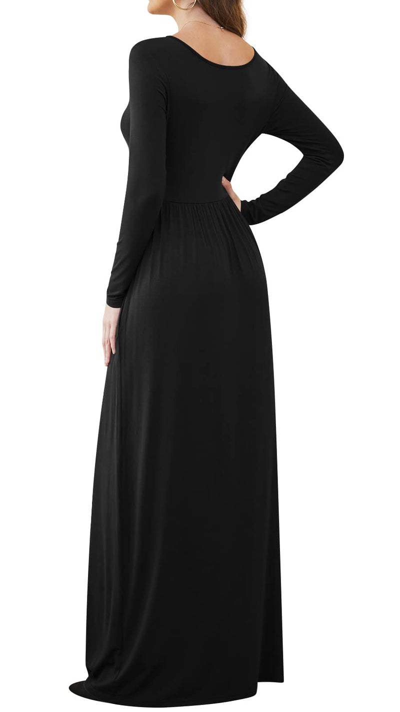 DB MOON Women Casual Long Sleeve Black Maxi Dresses Empire Waist Long Dress with Pocket L - Image 3