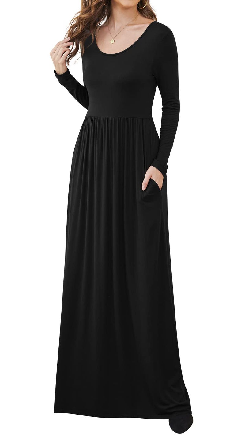 DB MOON Women Casual Long Sleeve Black Maxi Dresses Empire Waist Long Dress with Pocket L - Image 2