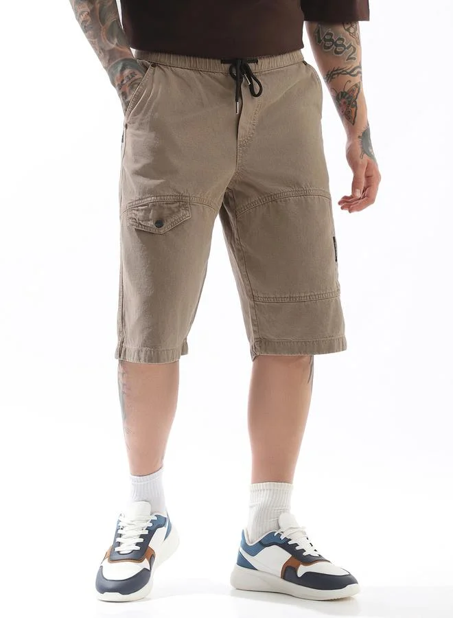 Hubberholme  Men's Beige 100% Cotton Solid Pattern Cropped Length Cargo Loose Fit Shorts for Men | Best Price UAE