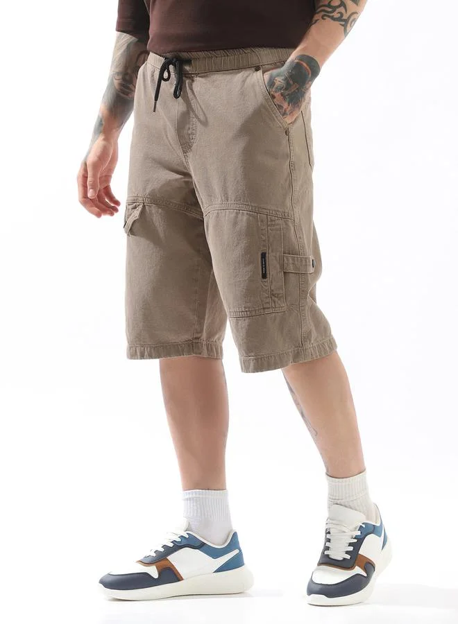 Hubberholme  Men's Beige 100% Cotton Solid Pattern Cropped Length Cargo Loose Fit Shorts for Men | Best Price UAE