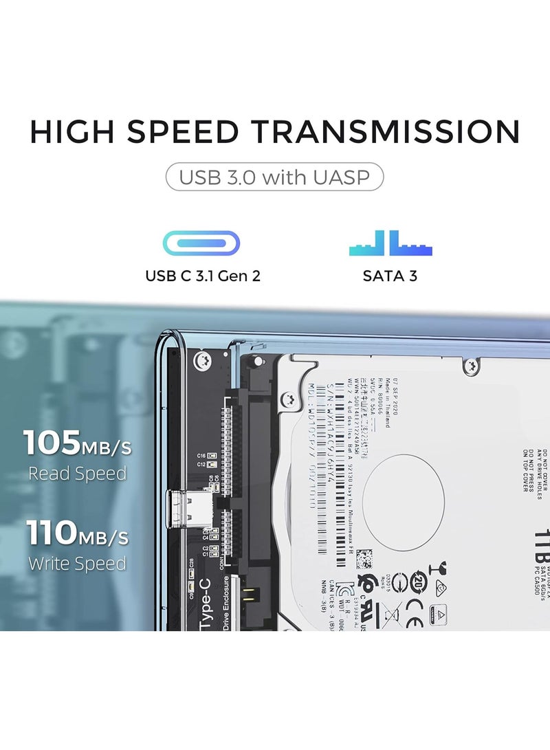 2.5 Inch External Hard Drive Enclosure USB-C 3.1 to SATA III 6Gbps, Transparent Tool-Free Hard Disk Case for 7mm & 9.5mm HDD/SSD, Supports UASP, Compatible with PC, TV, PS4, Xbox - Image 4