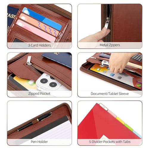 Ospelelf 3 Ring Binder Portfolio Folder with Zipper- Leather Padfolio with Clipboard Storage- Calculator, 12.1” Tablet Sleeve, 5 Dividers with Pocket, Refillable Notepad, Card Slot (Red Brown) - Image 4