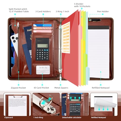 Ospelelf 3 Ring Binder Portfolio Folder with Zipper- Leather Padfolio with Clipboard Storage- Calculator, 12.1” Tablet Sleeve, 5 Dividers with Pocket, Refillable Notepad, Card Slot (Red Brown) - Image 3