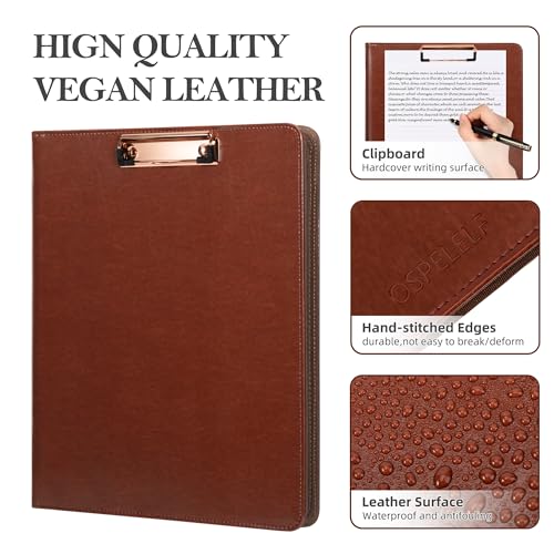 Ospelelf 3 Ring Binder Portfolio Folder with Zipper- Leather Padfolio with Clipboard Storage- Calculator, 12.1” Tablet Sleeve, 5 Dividers with Pocket, Refillable Notepad, Card Slot (Red Brown) - Image 5