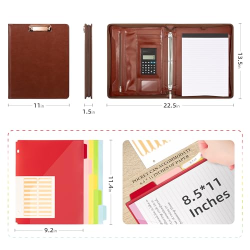Ospelelf 3 Ring Binder Portfolio Folder with Zipper- Leather Padfolio with Clipboard Storage- Calculator, 12.1” Tablet Sleeve, 5 Dividers with Pocket, Refillable Notepad, Card Slot (Red Brown) - Image 2