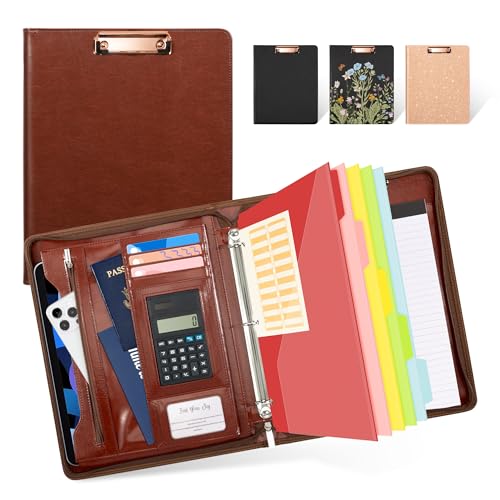 Ospelelf 3 Ring Binder Portfolio Folder with Zipper- Leather Padfolio with Clipboard Storage- Calculator, 12.1” Tablet Sleeve, 5 Dividers with Pocket, Refillable Notepad, Card Slot (Red Brown) - Image 1