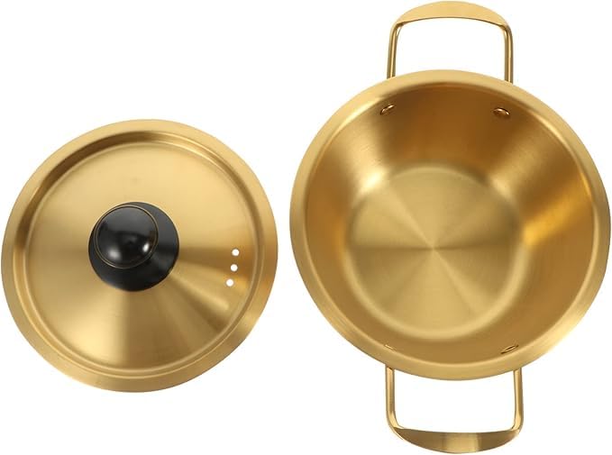 Gyanadh Golden Noodle Pot Stainless Steel Cooker with Double Handle Korean Yellow Stockpot Instant Frying Pans Noodle Cooking Bowl for Home Restaurant Ramen Pot Cooker for Kitchen Saucepan - Image 3