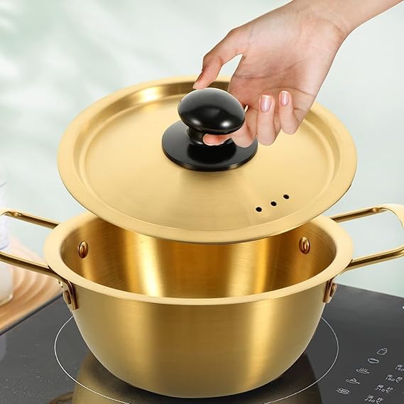 Gyanadh Golden Noodle Pot Stainless Steel Cooker with Double Handle Korean Yellow Stockpot Instant Frying Pans Noodle Cooking Bowl for Home Restaurant Ramen Pot Cooker for Kitchen Saucepan - Image 2