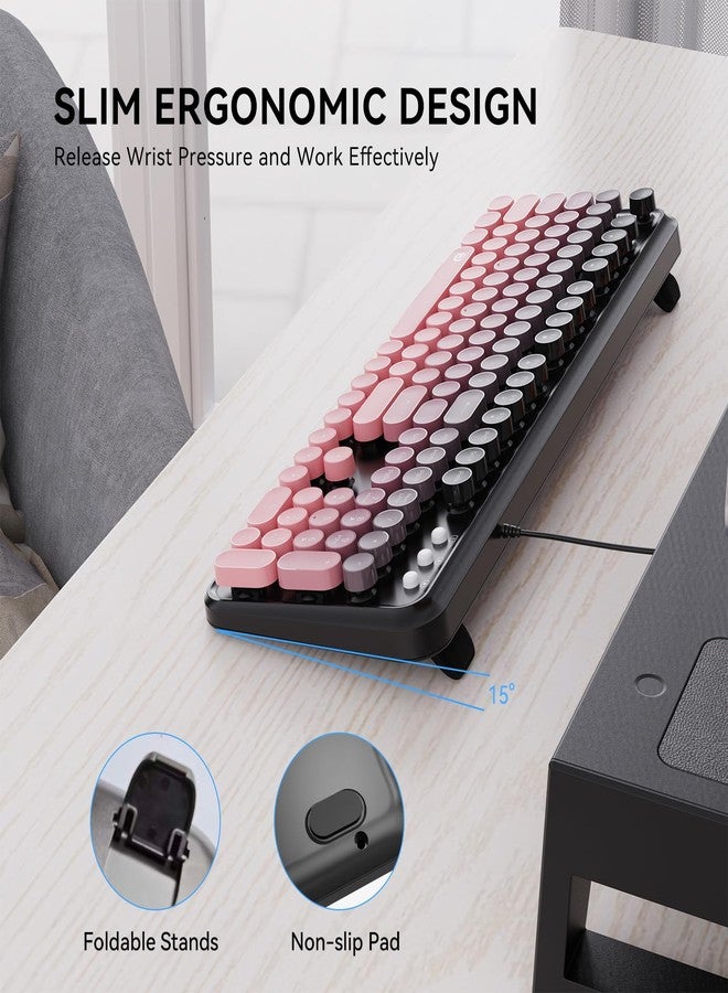طقم لوحة مفاتيح وماوس سلكي FOPETT 8870P - لوحات مفاتيح كمبيوتر كاملة الحجم مع 104 مفتاح دائري، لوحة مفاتيح وماوس بتصميم آلة كاتبة كلاسيكية لأجهزة الكمبيوتر المكتبية والمحمولة التي تعمل بنظام ويندوز - لون وردي ملون - Image 2