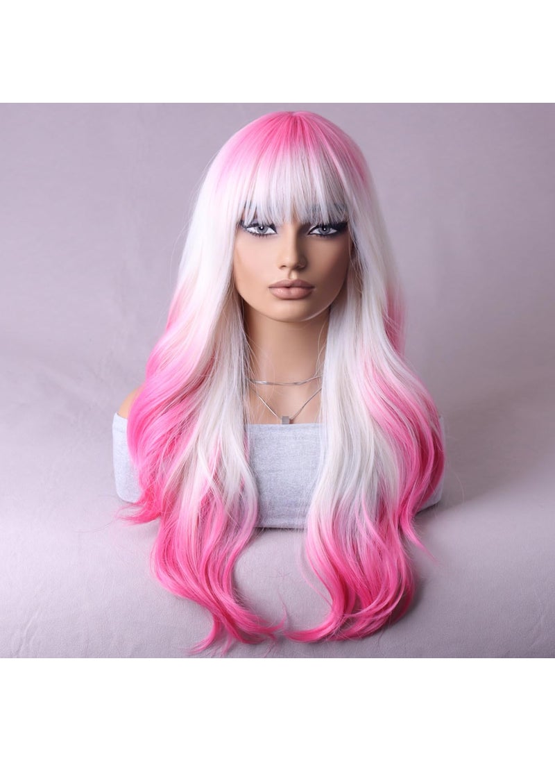 BERON BERON Pink and White Long Wigs Curly Wavy Womens Wigs with Bangs Pink White Ombre Colorful Heat Resistant Synthetic Wigs for Cosplay or Daily Wigs Wig Cap Included 
