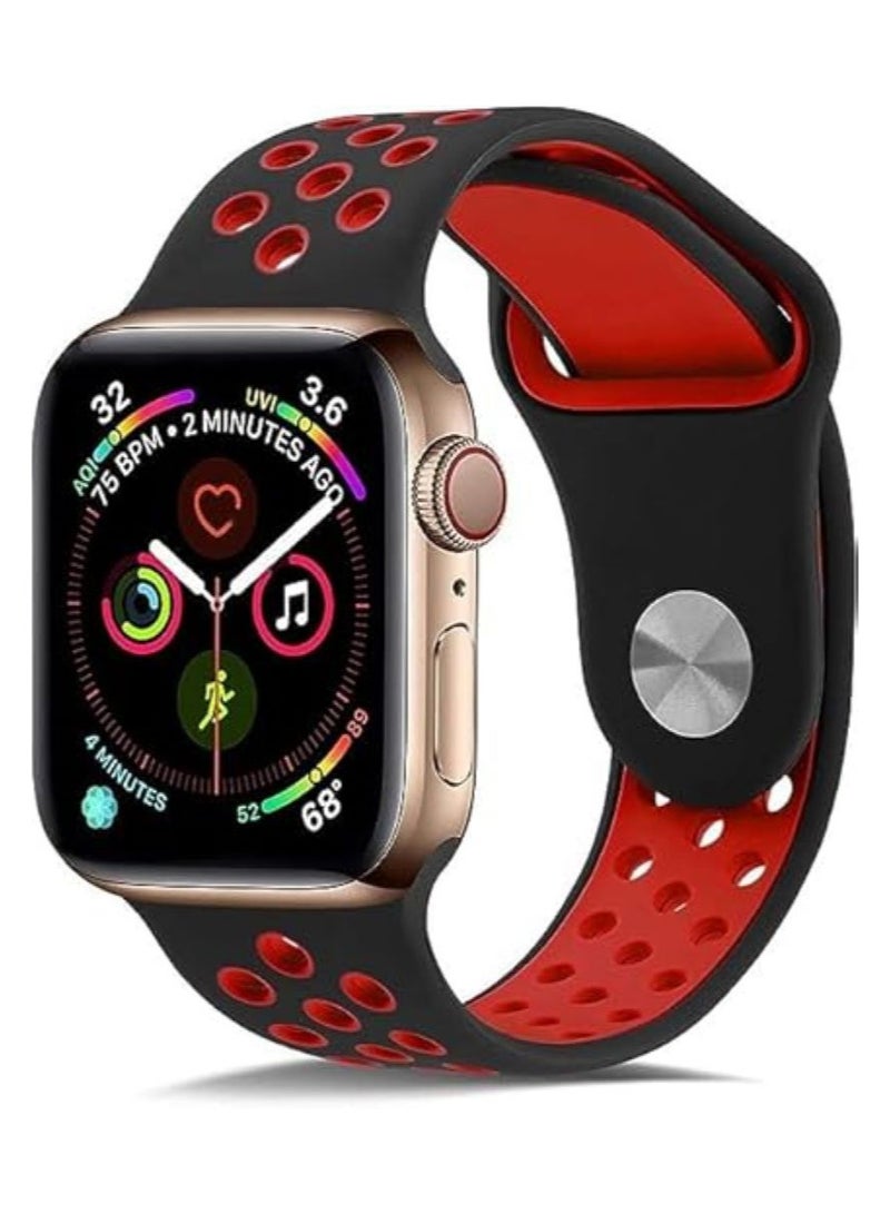 سوار من السيلكون مخرم لي ساعة ابل متوافق مع مقاسات 42 - 44 - 45 - 49 لون اسود في احمر