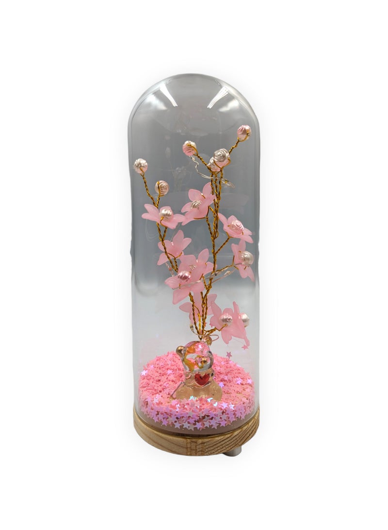 UNT Wish Tree With Tiny Teddy Bear and Glitter in Glass Dome - Image 1