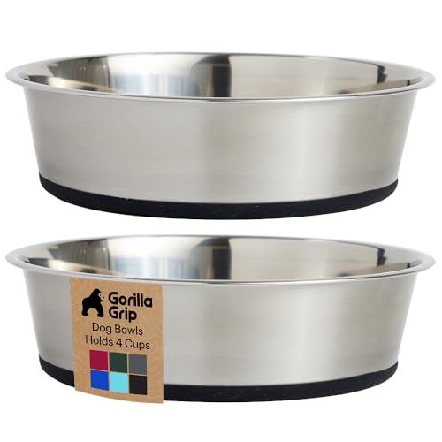 GORILLA GRIP Dog Bowls Food Grade 304 Stainless Steel Holds 4 Cups Each 32 fl oz Food and Water Bowl for Feeding Dogs and Cats Dishwasher Safe Rust Resistant BPA Free Rubber Base Set of 2 Black - Image 1
