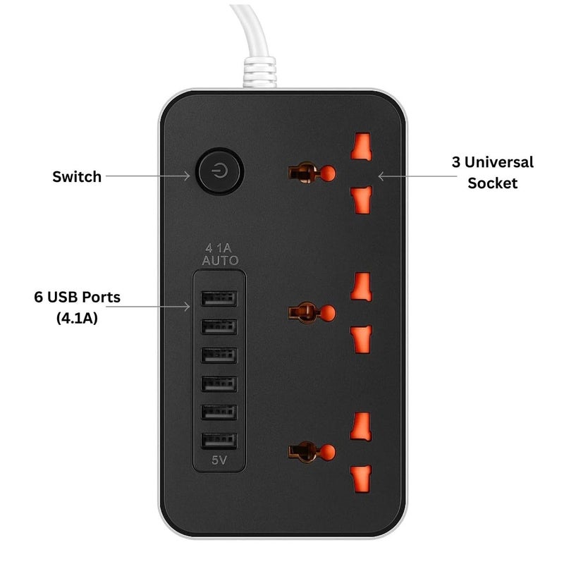 BOVTY Extension Board, Power Strip with 6 USB Ports and 3 Universal Socket, 2500W 10A Extension Cord, 3-Pin Surge Protector Power Strip for Home, Office, Computer, Mobile Charging-Z64-Black - Image 3