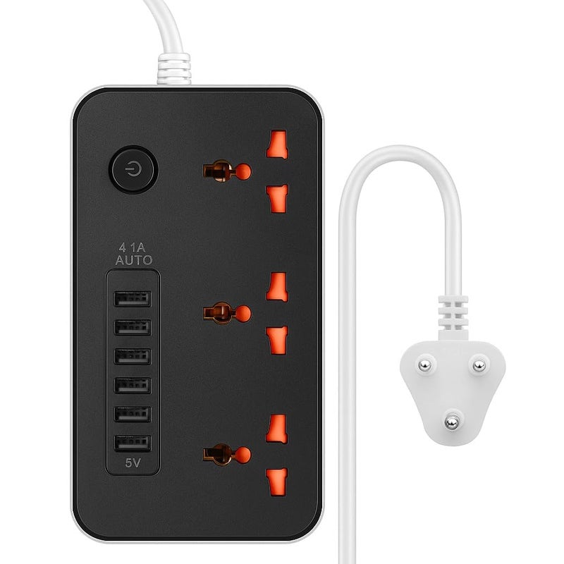 BOVTY Extension Board, Power Strip with 6 USB Ports and 3 Universal Socket, 2500W 10A Extension Cord, 3-Pin Surge Protector Power Strip for Home, Office, Computer, Mobile Charging-Z64-Black - Image 1