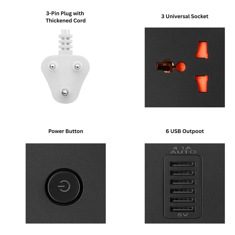BOVTY Extension Board, Power Strip with 6 USB Ports and 3 Universal Socket, 2500W 10A Extension Cord, 3-Pin Surge Protector Power Strip for Home, Office, Computer, Mobile Charging-Z64-Black - Image 4