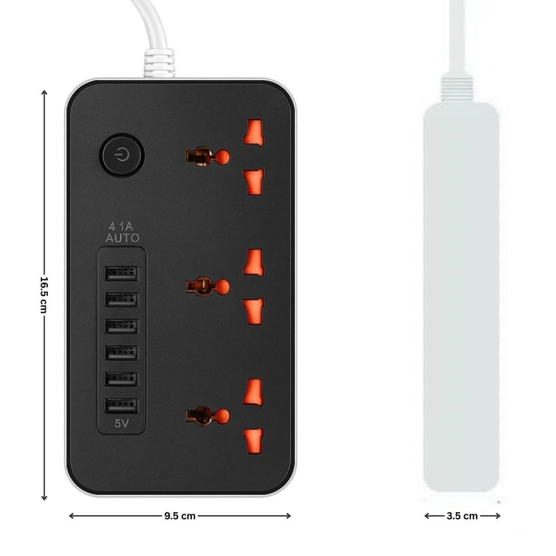 BOVTY Extension Board, Power Strip with 6 USB Ports and 3 Universal Socket, 2500W 10A Extension Cord, 3-Pin Surge Protector Power Strip for Home, Office, Computer, Mobile Charging-Z64-Black - Image 2