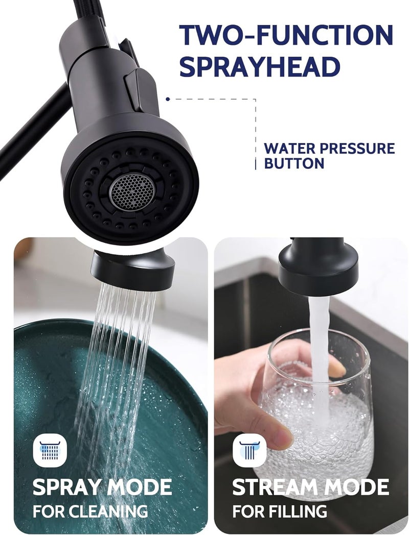 LUFEIDRA Black Kitchen Faucets with Pull Down Sprayer - High Arc Spring 304 Stainless Steel Single Hole Sink Faucet with Dual Function Pull-Down Sprayer for Bar Rv Kitchen, Faucet Index Buttons - Image 5