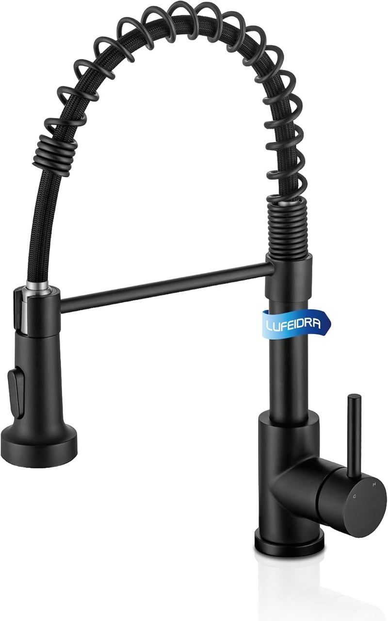 LUFEIDRA Black Kitchen Faucets with Pull Down Sprayer - High Arc Spring 304 Stainless Steel Single Hole Sink Faucet with Dual Function Pull-Down Sprayer for Bar Rv Kitchen, Faucet Index Buttons - Image 1