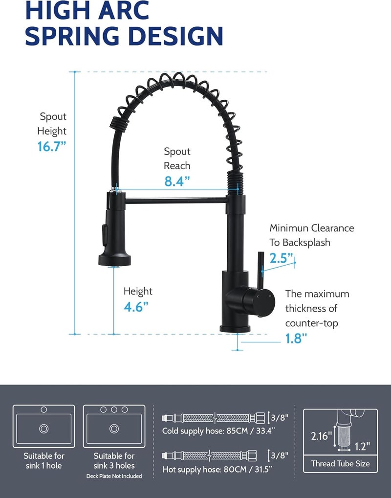 LUFEIDRA Black Kitchen Faucets with Pull Down Sprayer - High Arc Spring 304 Stainless Steel Single Hole Sink Faucet with Dual Function Pull-Down Sprayer for Bar Rv Kitchen, Faucet Index Buttons - Image 2