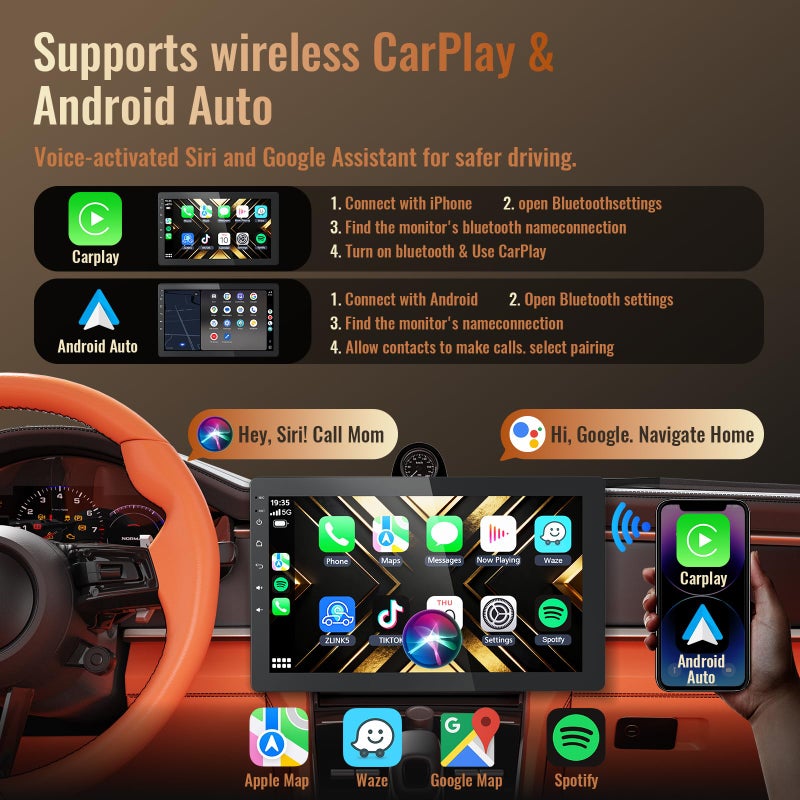 Haudio 10.1 Inch Single Din Car Stereo, Rotatable Touch Screen, Wireless CarPlay & Android Auto, Android 13 Car Radio with Bluetooth GPS Backup Camera - Image 3