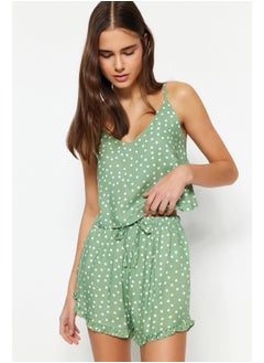 Mint Polka Dot Ruffle Detailed Undershirt-Shorts Woven Pajama Set THMSS21PT0742