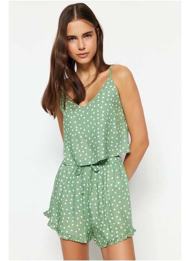 trendyol - Mint Polka Dot Ruffle Detailed Undershirt-Shorts Woven Pajama Set THMSS21PT0742 - Image 1