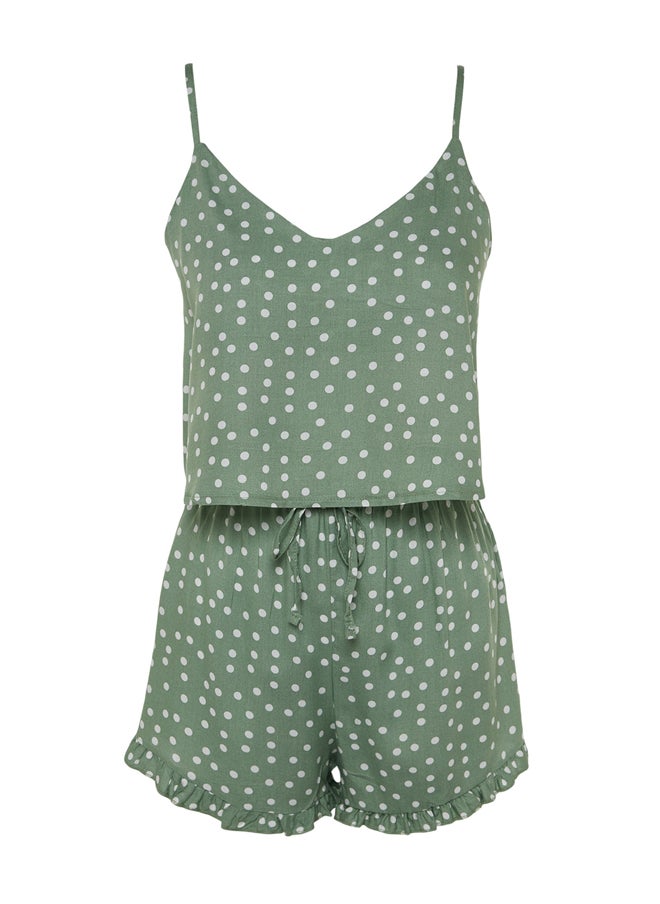 trendyol - Mint Polka Dot Ruffle Detailed Undershirt-Shorts Woven Pajama Set THMSS21PT0742 - Image 1