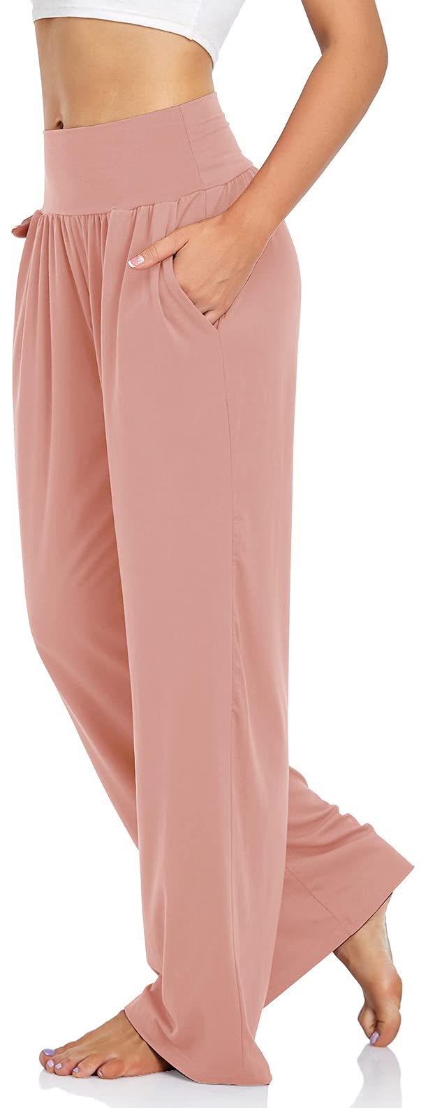 UEU Women's Casual Loose Wide Leg Cozy Pants Yoga Sweatpants Comfy High Waisted Sports Athletic Lounge Pants with Pockets (Dusty Pink, Medium) - Image 2