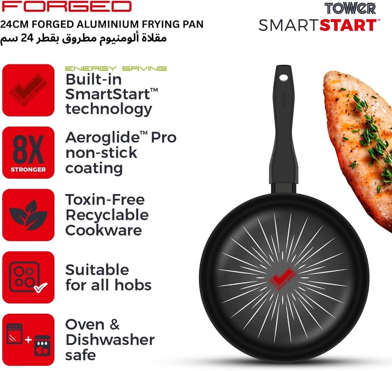 Tower SmartStart Forged 24cm Aluminium Frying Pan | Aeroglide PRO PFOA Free Non-Stick Skillet | Built-In Temperature Indicator | Induction & All Hob Compatible Fry Pan| Oven & Dishwasher Safe | Black - Image 2