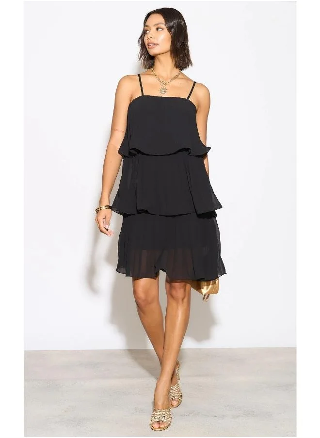 Hoxton Gal Black Pleated Cami Mini Dress with Layered Detail – Relaxed Fit
