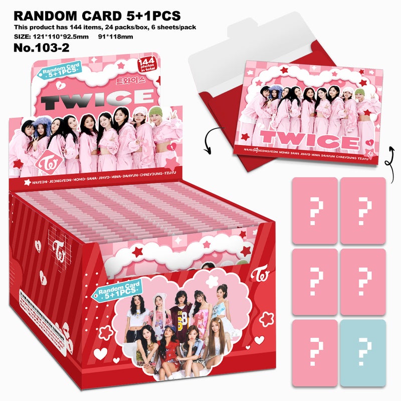 TWICE KPOP Random Card Pack 5+1PCS – LOMO Photo Cards with Envelopes,91x118mm, 144 Items per Box (24 Packs, 6 Sheets/Pack)