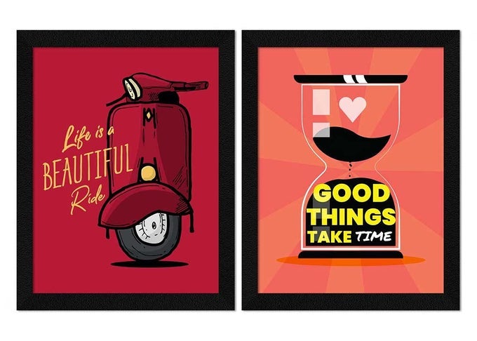 PAPER MOTIVATIONAL QUOTES LIFE IS A BEAUTIFUL RIDE GOOD THINGS TAKES TIME FRAMED WALL ART PAINTING MULTICOLOR ABSTRACT 10 X 13 INCHES EACH 20 X 13 INCHES COMBINED SET OF 2