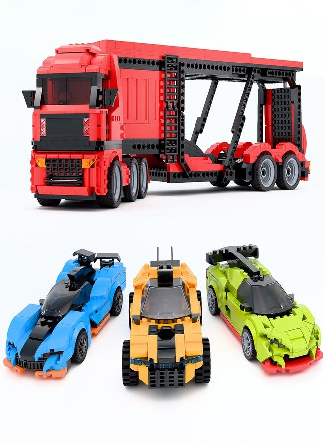 TG BLOCKS Micro Brick Car Transporter with 3 Sports Cars Building Set - Kids Truck Toy with Carrier & Trailer, Gift Idea for Teens 8+ Boys & Girls - Image 1