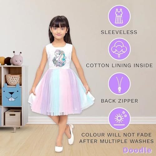 Doodle Unicorn Dress For Girls | Breathable Kids Frock & Dresses | Western Frocks With Waist Tie & Back Zip | Sleeveless & Knee Length (White With Rainbow Flare | Age Option 5 to 6 Years) - Image 2