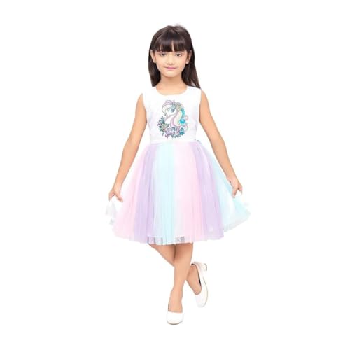 Doodle Unicorn Dress For Girls | Breathable Kids Frock & Dresses | Western Frocks With Waist Tie & Back Zip | Sleeveless & Knee Length (White With Rainbow Flare | Age Option 5 to 6 Years) - Image 4