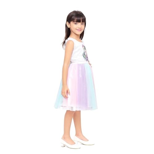 Doodle Unicorn Dress For Girls | Breathable Kids Frock & Dresses | Western Frocks With Waist Tie & Back Zip | Sleeveless & Knee Length (White With Rainbow Flare | Age Option 5 to 6 Years) - Image 5