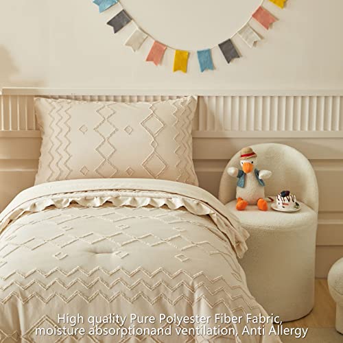 AIKASY Toddler Bedding Set 4 Pieces Super Soft Comforter Set, Shabby Boho Bohemian Design for Boys and Girls（Ruffle Fringe Comforter, Flat Sheet, Fitted Sheet and Pillowcase）- Khaki - Image 3