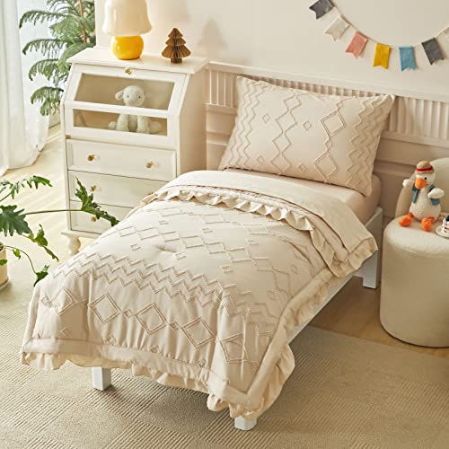 AIKASY Toddler Bedding Set 4 Pieces Super Soft Comforter Set, Shabby Boho Bohemian Design for Boys and Girls（Ruffle Fringe Comforter, Flat Sheet, Fitted Sheet and Pillowcase）- Khaki - Image 1