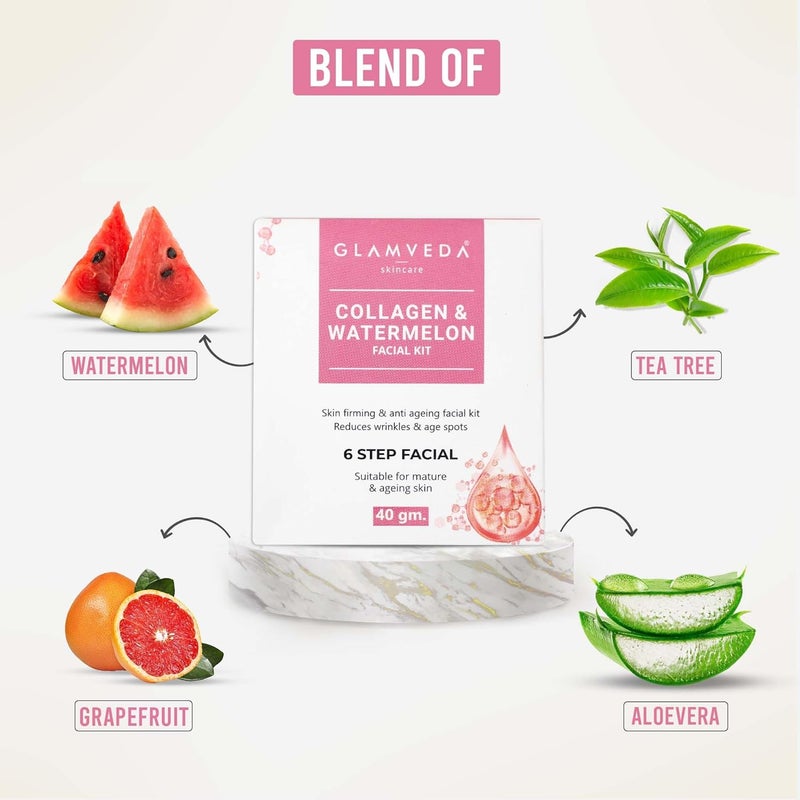 Glamveda Watermelon Collagen Anti Aging Skin Firming Facial kit DIY Facial Kit For Women No Paraben SLS 40gm - Image 3