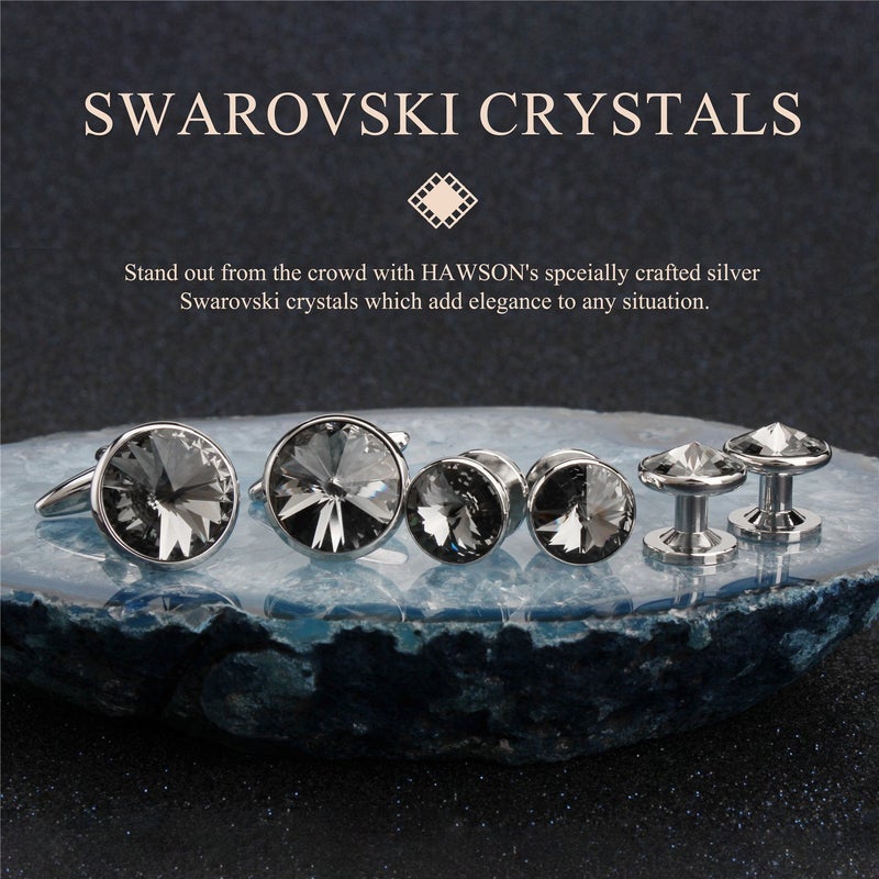 HAWSON Cufflink and Studs Tuxedo Set Silver Color with Austrian Crystals in Grey - Image 2