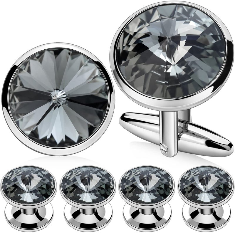 HAWSON Cufflink and Studs Tuxedo Set Silver Color with Austrian Crystals in Grey - Image 1