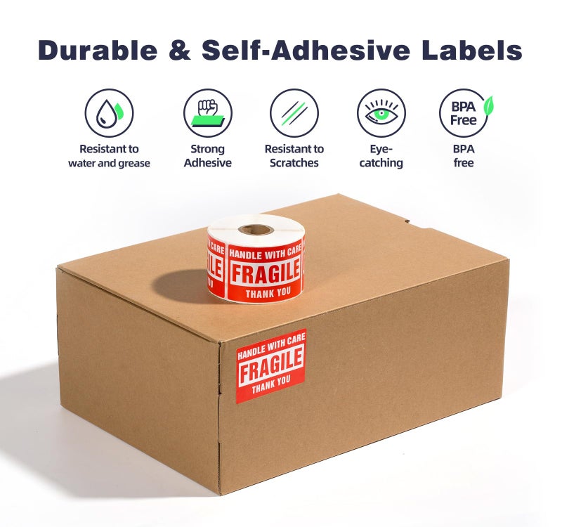 LuckyGuard 3 x 2 Inch Handle with Care 500 Fragile Stickers for Shipping Moving Glass Permanent Adhesive Commercial Grade Fragile Labels (1 Roll, 500 Labels) - Image 2